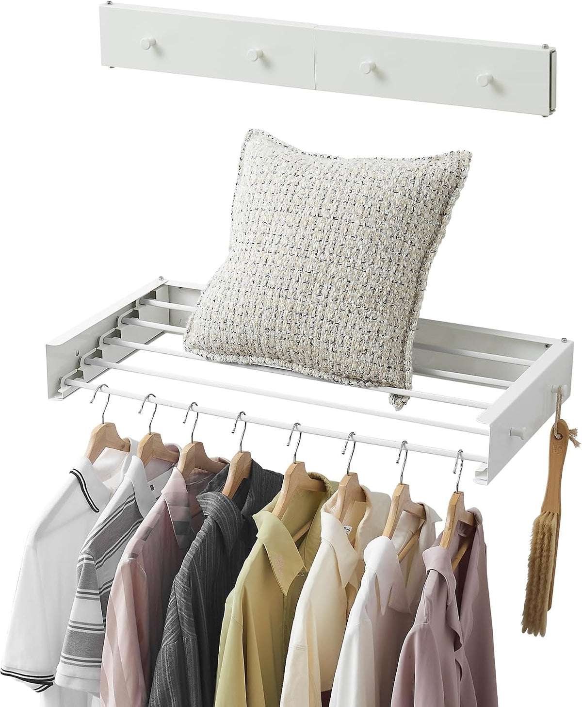 RFOUO Wall Mounted Clothes Drying Rack,White 31.5" with Hooks