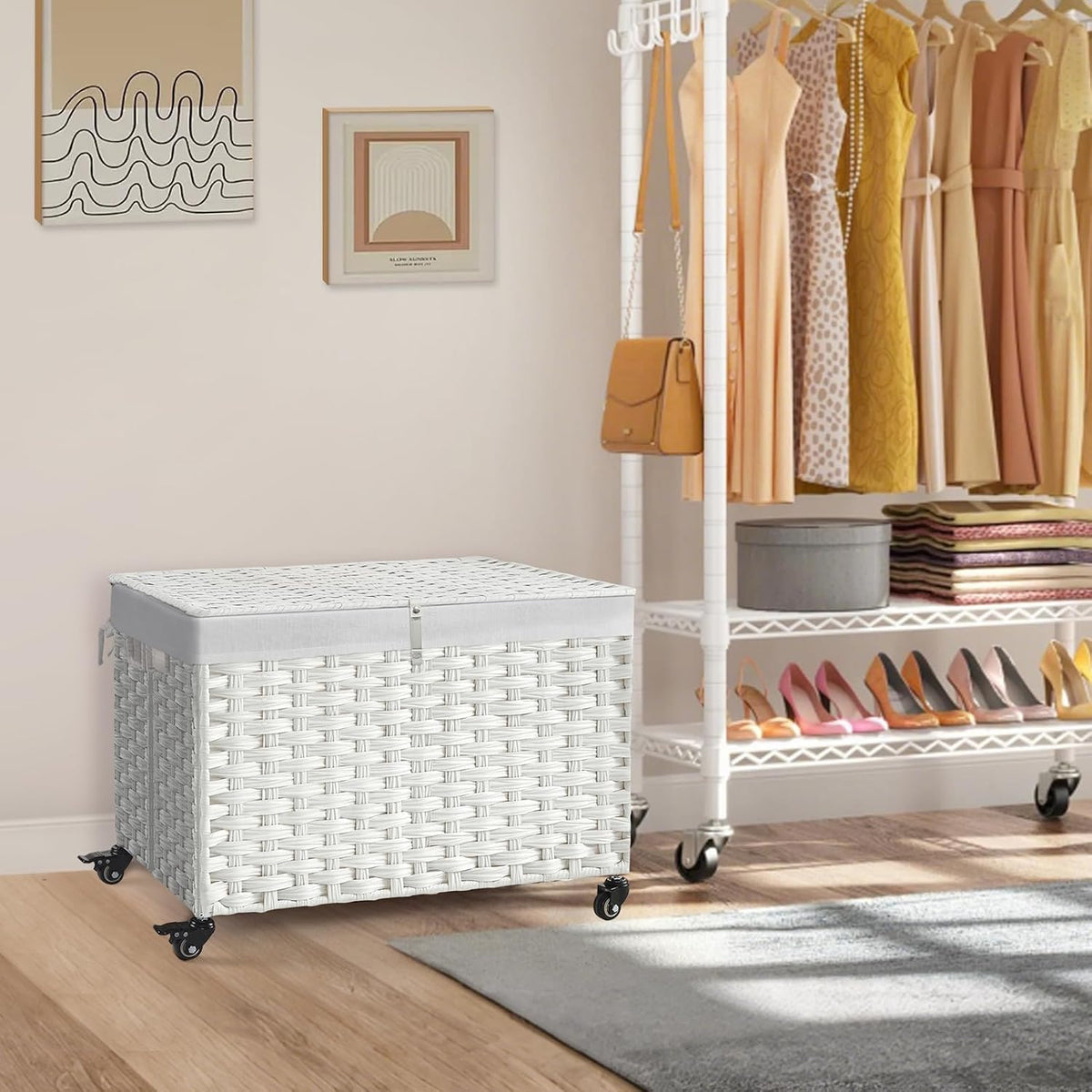 Rolling Storage Basket with Lid, 47.6 Gallon (180L) Storage Bin with Wheels, Woven Rattan Blanket Storage Basket with Handles, Foldable, Metal Frame, Removable Liner for Bedroom, Laundry Room, White