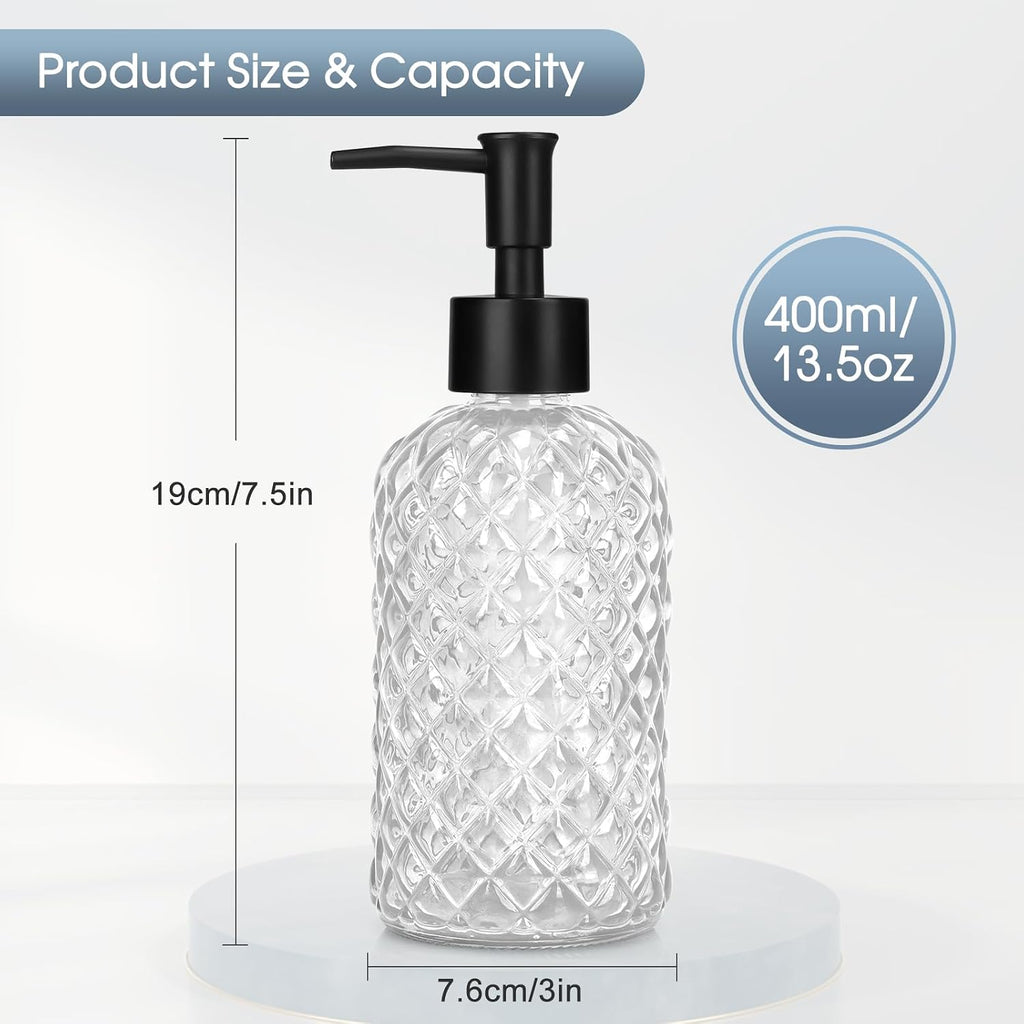 Topsky Gem Glass Soap Dispenser with Black Plastic Pump, 13oz Liquid Hand Soap Dispenser, Rustproof Pump for Kitchen & Bathroom, Great for Lotions, Essential Oil, Liquid Soaps-Clear
