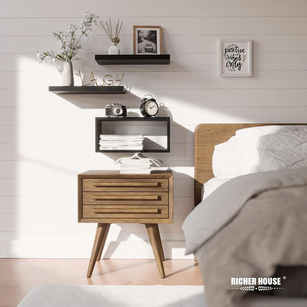 RICHER HOUSE 3-Set Black Floating Wall Shelves, Bathroom Shelf Over Toilet