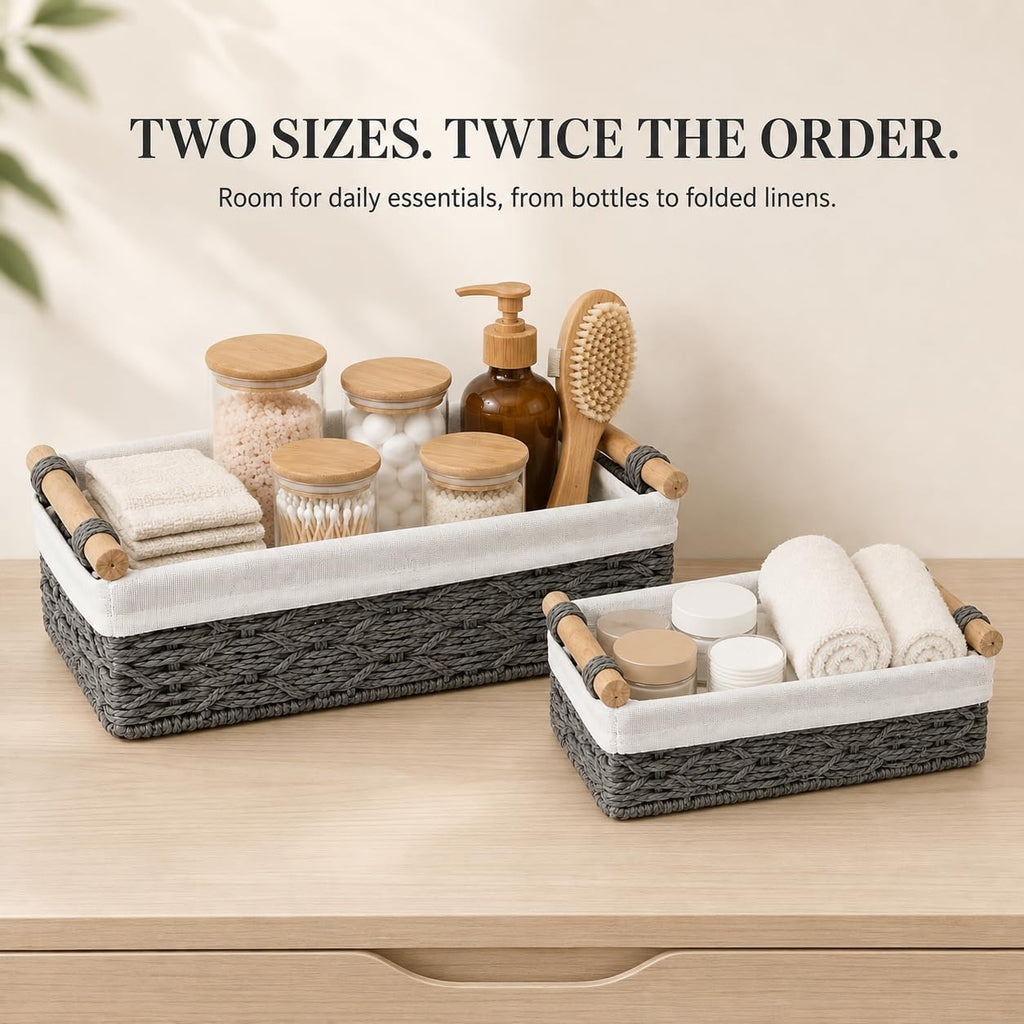 Gray Bathroom Baskets Set of 2, Paper Rope, Wood Handles
