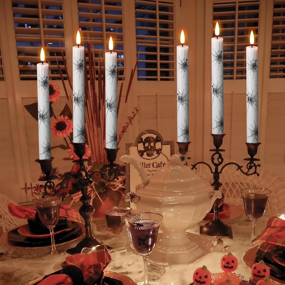GenSwin Real Wax Flameless Taper Candles, 4 Pack Halloween LED Taper Candles Battery Operated with Remote Timer, Flameless Candlesticks with Spider Web Prints for Halloween Decoration (0.75” x 9.65”)
