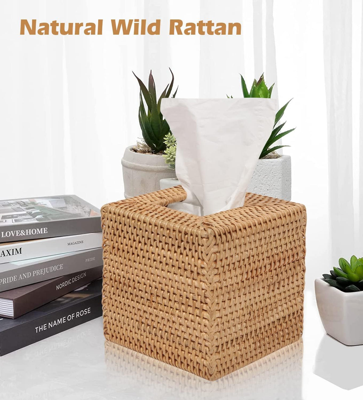 Livelab Rattan Tissue Box Cover, Square Hand Woven Natural Wicker Tissue Box Holder, Decorative Facial Napkin Holder Tissue Box Organizer Dispenser | Natural