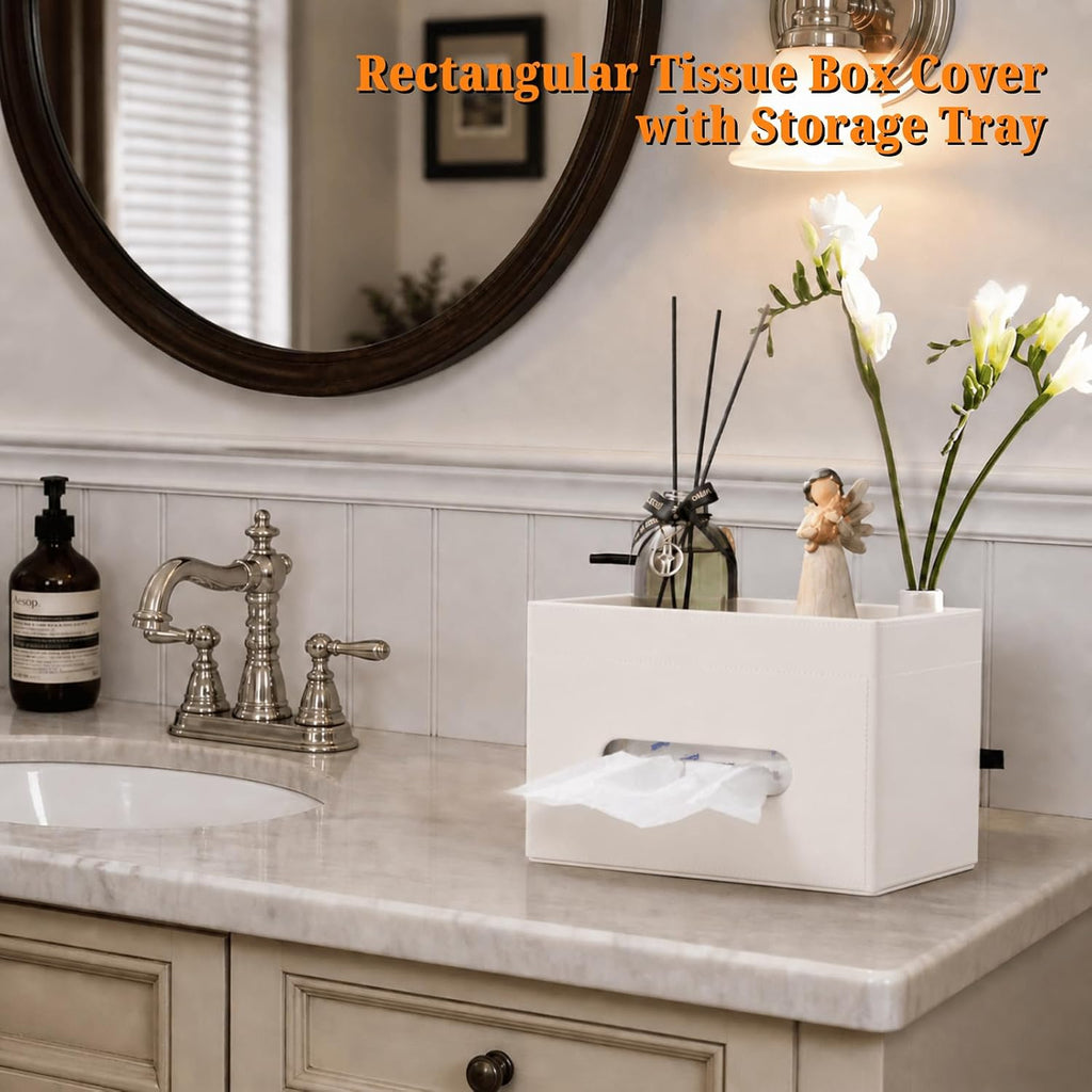 LAMOTI Tissue Box Cover Rectangular with Storage, PU Leather Tissue Holder