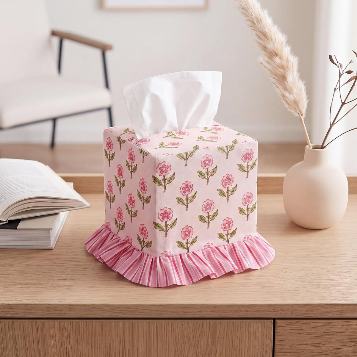 Pink Blockprint Floral Ruffle Tissue Box Cover Block Printed