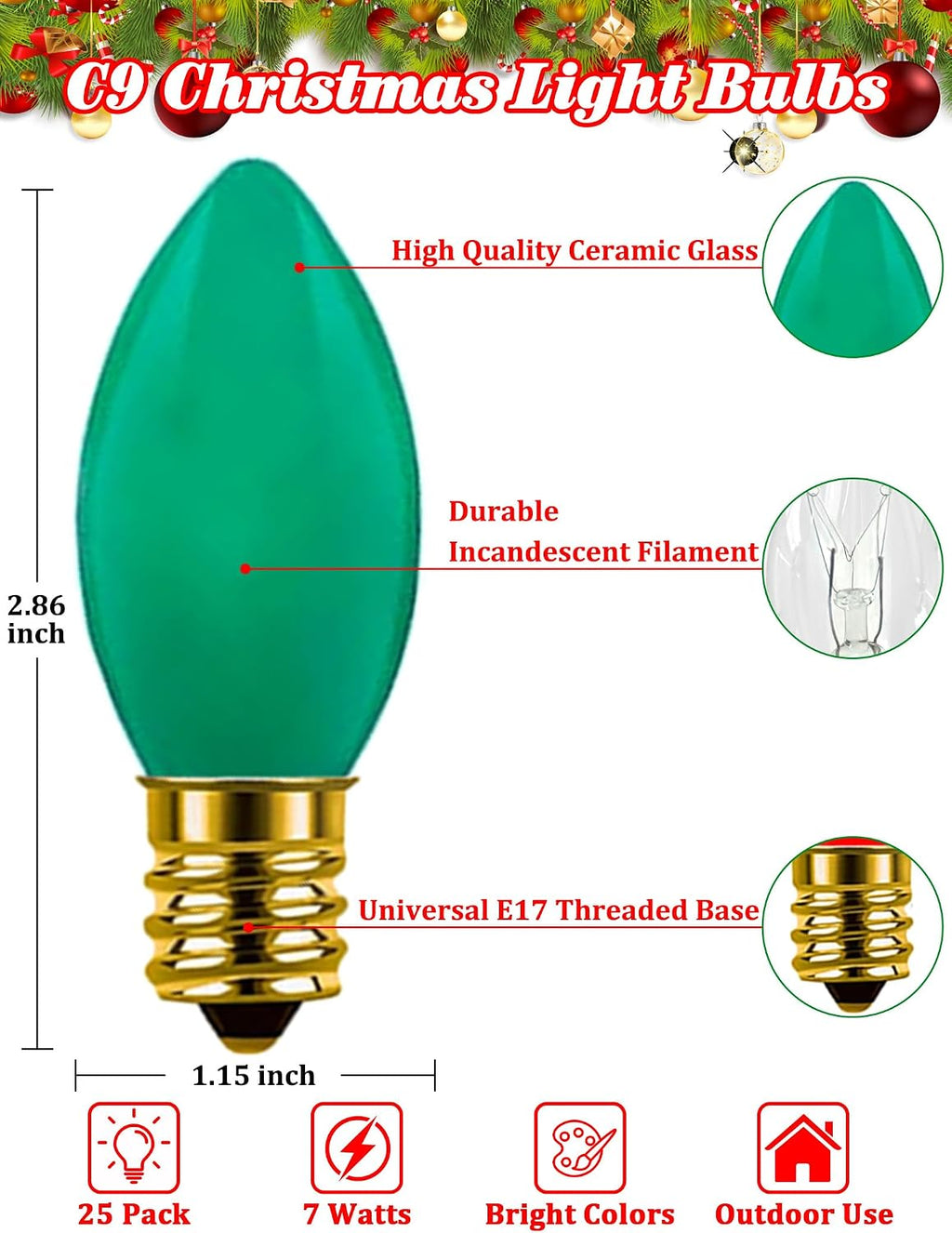 25 Pack C9 Ceramic Christmas Replacement Bulbs, Green Light Bulbs for E17 Candelabra Base Outdoor Christmas String Lights, 7 Watts