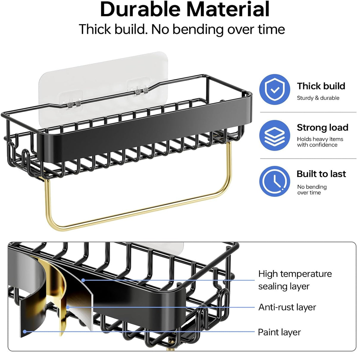 KINGRACK Shower Caddy Adhesive 4-Piece Rust-Resistant Shower Shelves, No-Drill Bathroom Shower Organizer with Large Capacity for Bathroom, Kitchen, and Laundry,Black