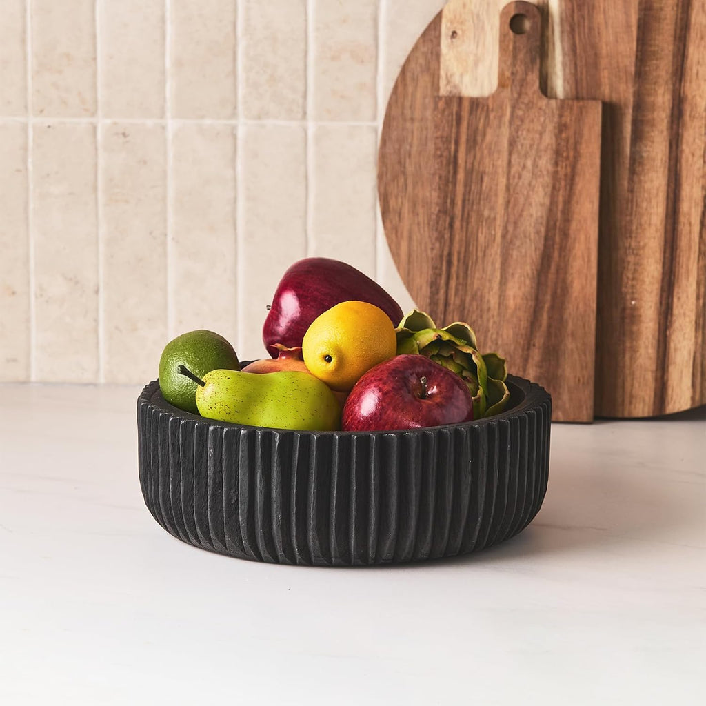 DN DECONATION Wooden Decorative Bowl, 9.84” Black Wood Fruit Bowl for Table