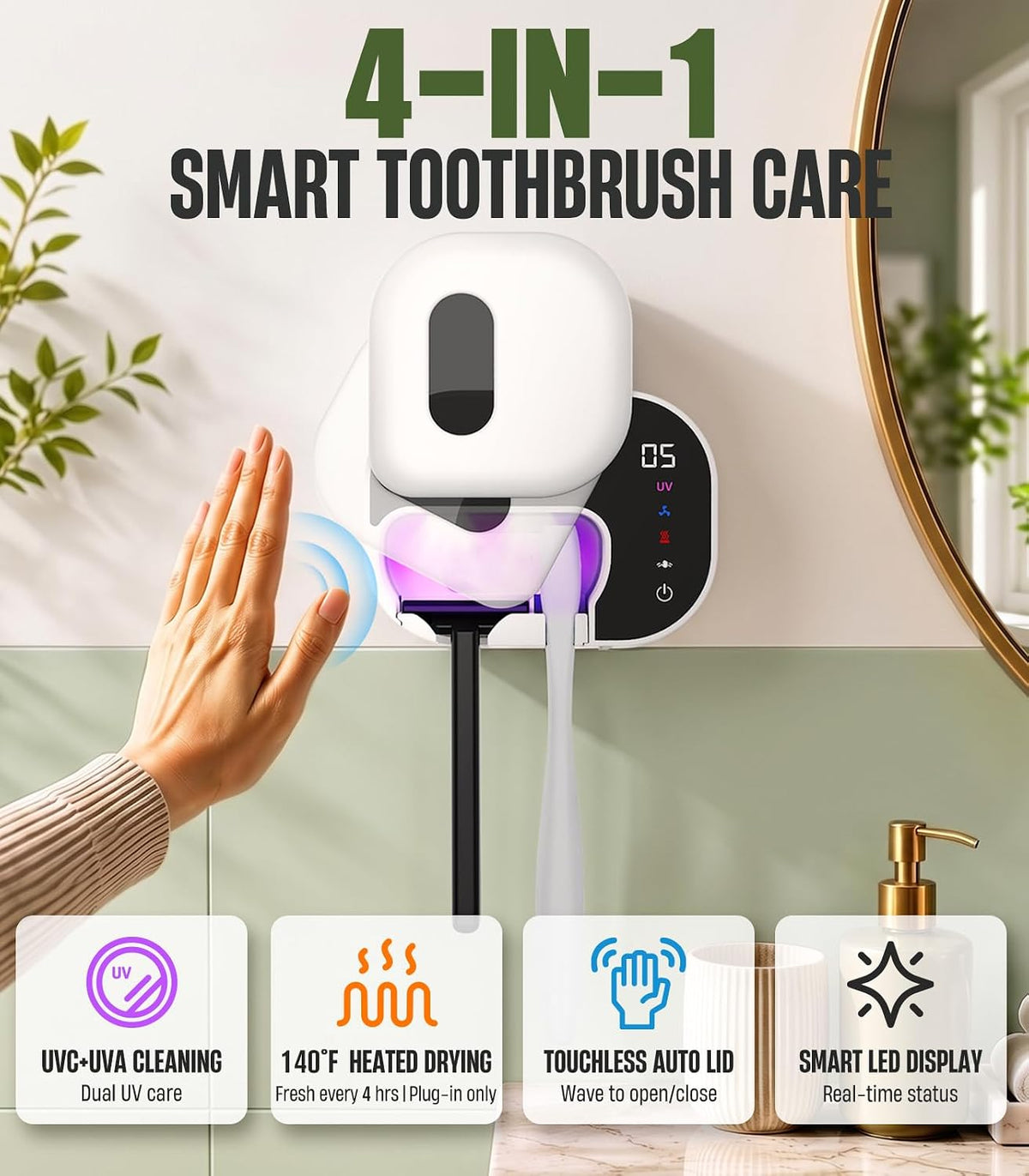 POPCHOSE Toothbrush Sanitizer Holder with Dual-Mode UV & Heated Drying