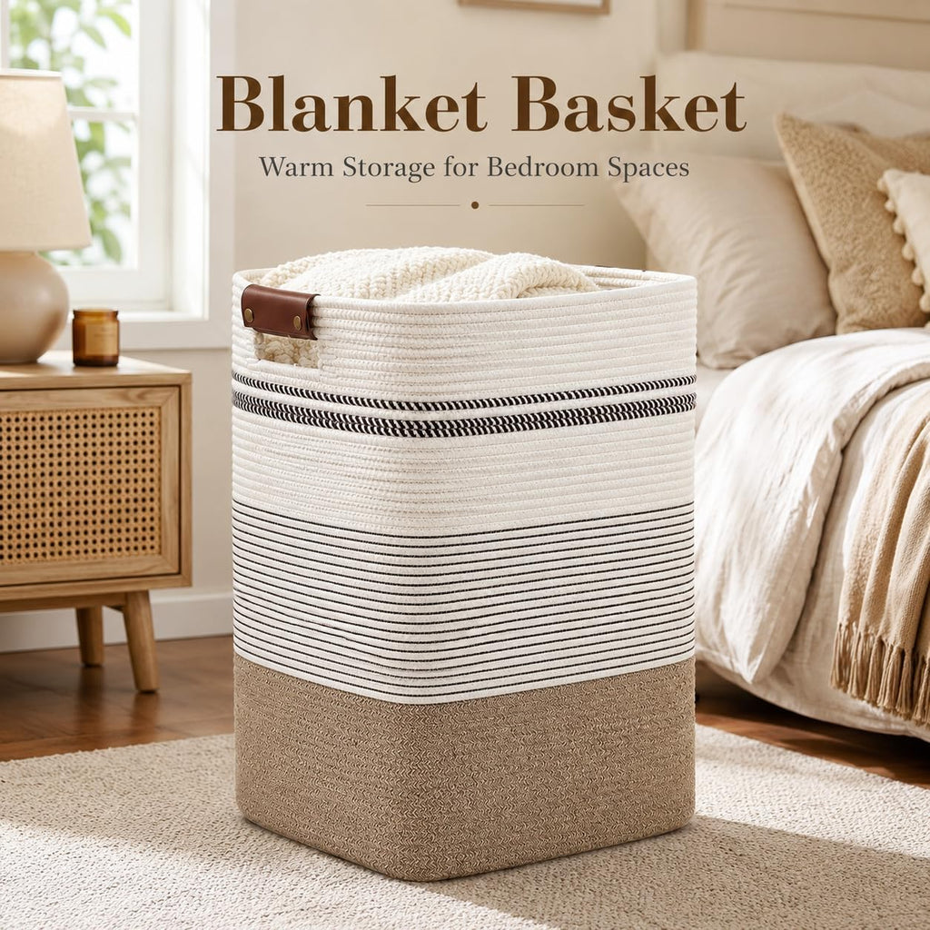 Laundry Hamper, Cotton Rope Laundry Basket with Leather Handles, 22.5-Gallon/85 L Large Clothes Hampers for Laundry, Woven Laundry Baskets for Blankets, Clothing, Bedroom, Living Room, Nursery