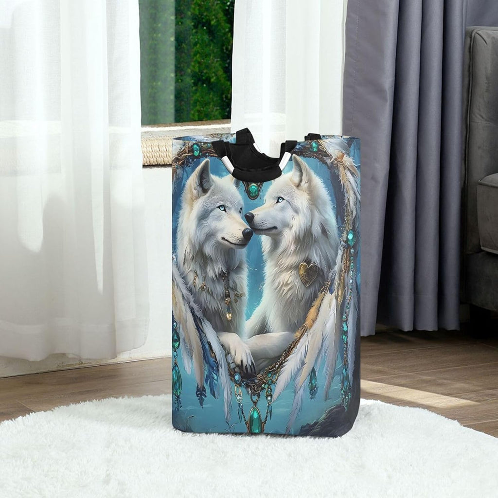 ALAZA Arctic Wolf Dreamcatcher Large Laundry Hamper Basket Laundry Bag Stylish Collapsible Oxford Cloth Home Storage Bin with Handles, 22.7 Inch
