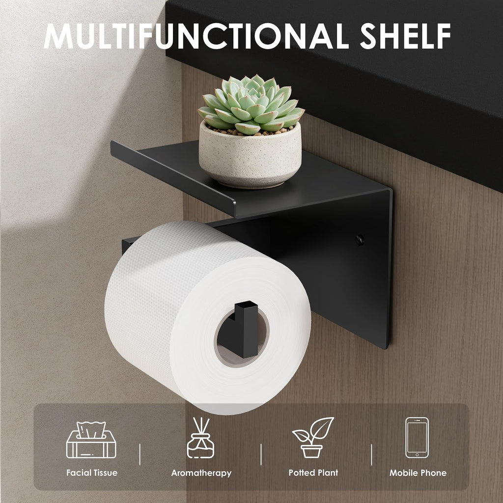 Auxmir Toilet Paper Holder with Shelf, Self Adhesive or Screw Mount, Black