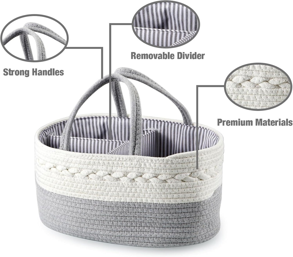 PandaEar Baby Diaper Caddy Organizer for Boys Girls, Portable Baby Diaper Basket, Travel Cotton Rope Diaper Caddy Change Organizer for Baby Shower Gifts Newborn Infants