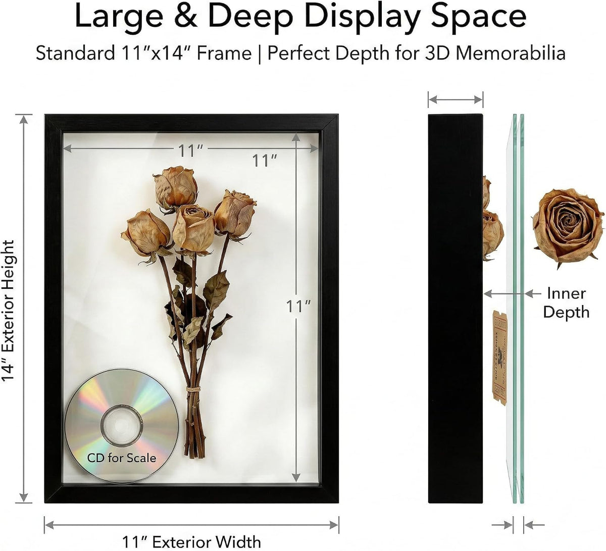 Shadow Box Frame Display Cases, 11"x 14" Wood Deep Black Handicrafts Shadowbox Picture Frame for Flowers Jersey Baby Wedding Dress(2,Black)