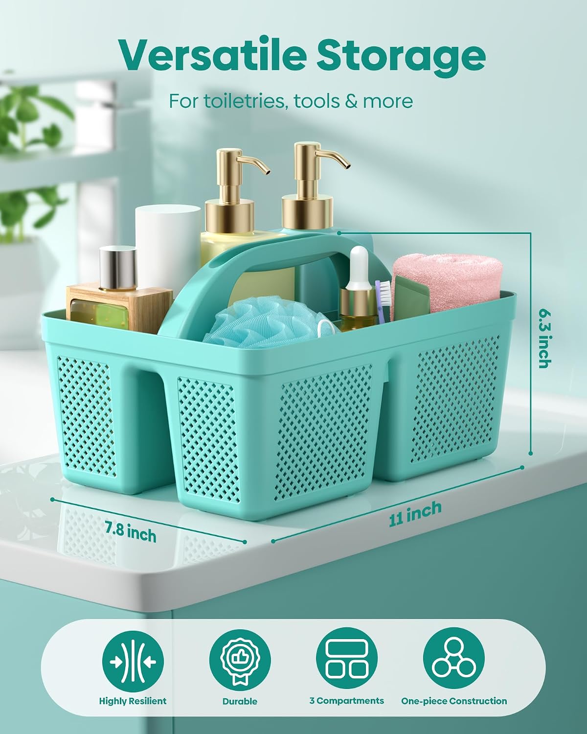 Portable Shower Caddy with Handle - 4 PCS, BPA-free, Teal