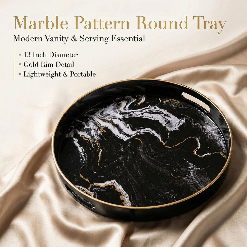 Round Decorative Tray, Marbling Plastic with Handles, Modern Vanity and Serving for Ottoman, Coffee Table, Kitchen and Bathroom, Size 13", Black