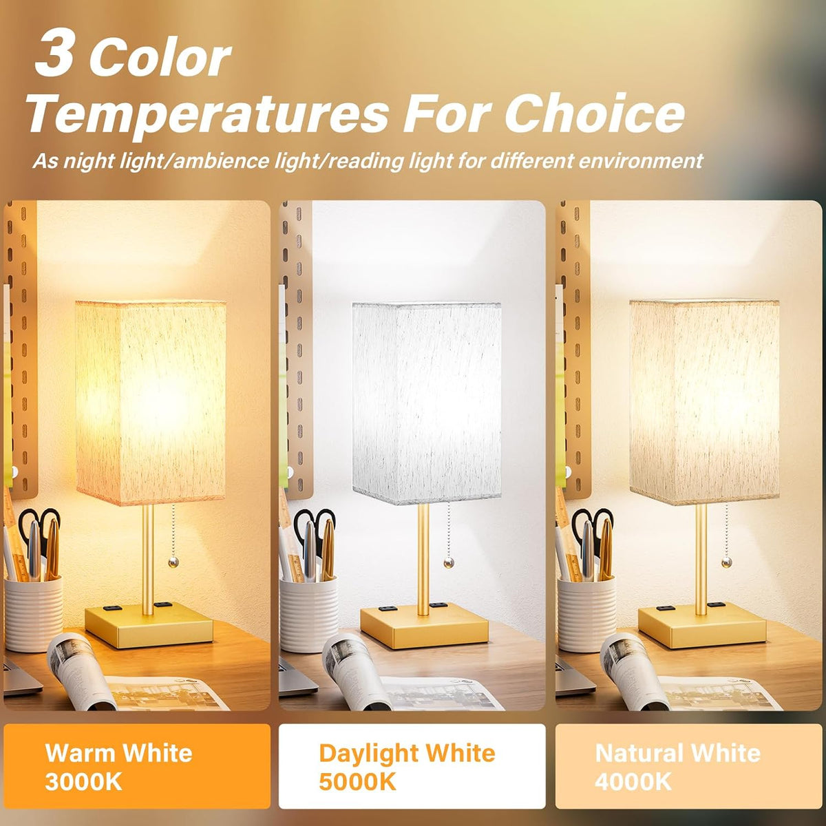 Gold Bedside Lamp for Bedroom - 3 Color Temperatures, USB A+C, 2 AC Outlets