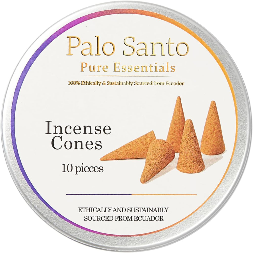 Palo Santo Incense Cones 10 Pack in Tin Can, Ecuador 100% Natural Holy Wood for Smudging, Meditation, Energy Cleansing, Aromatherapy and Reiki