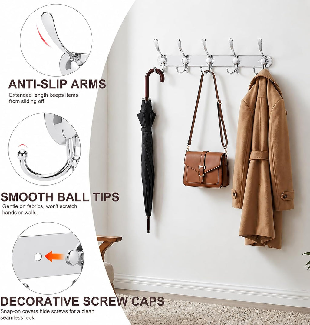 YUNISS Coat Rack Wall Mounted，5 Tri Stainless Steel Coat Hook for Coat Hat Robes Towel in Mudroom Entryway (Sliver, 2 Pack 5 Hook)