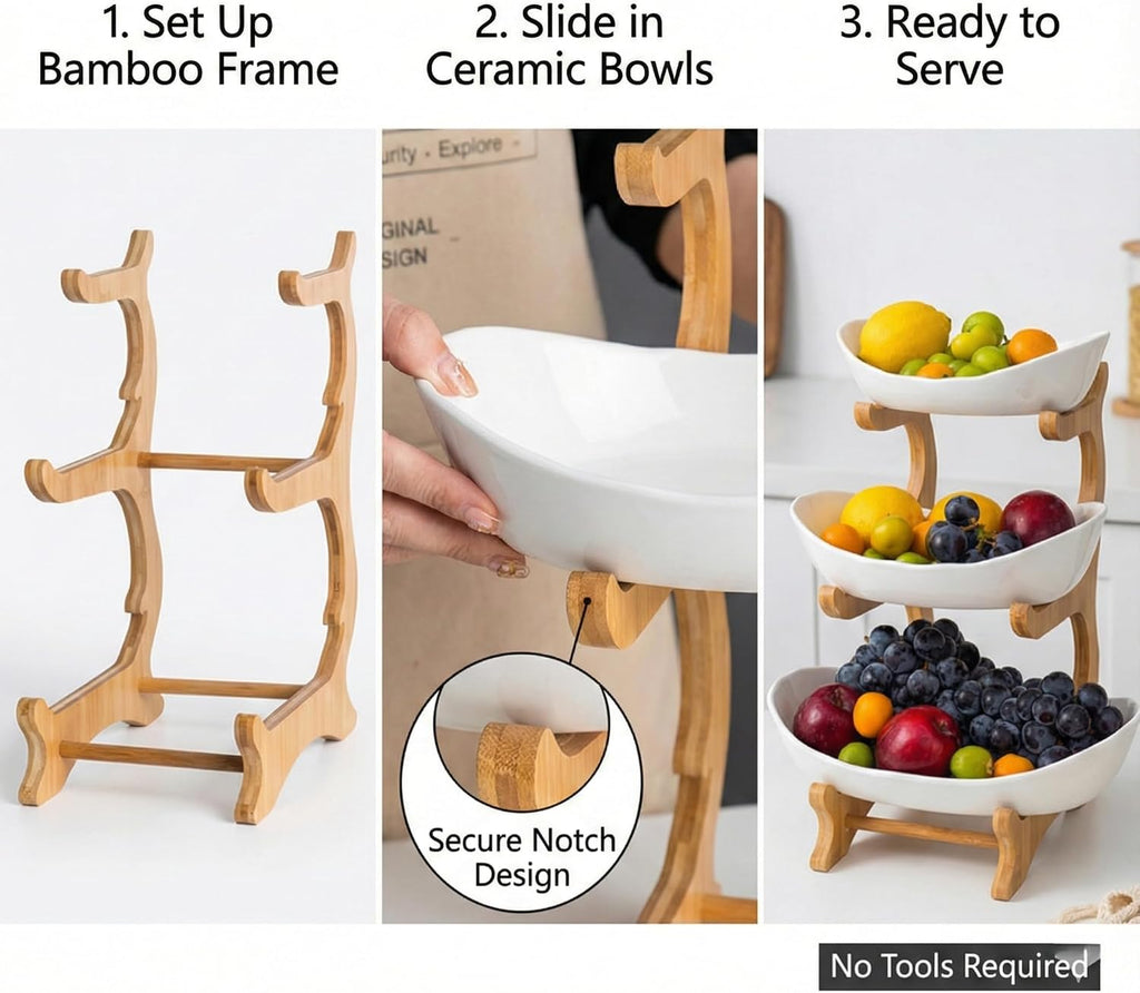 Bamboo Fruit Stand - 3 Tier Ceramic Fruit Bowls with Wooden Stand – Fruit Holder for Kitchen, Dining Table & Living Room – Decorative Countertop Organizer for Fruits, Vegetables & Snacks