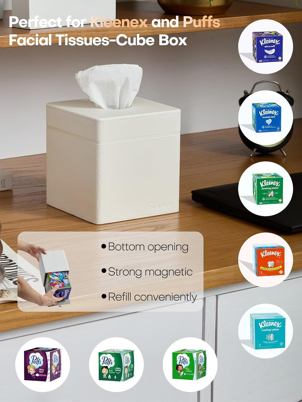 Square Tissue Box Cover Holder Compatible with Kleenex/Puffs Cubes, Patented Metal-Look PU Leather (Polar Ice)
