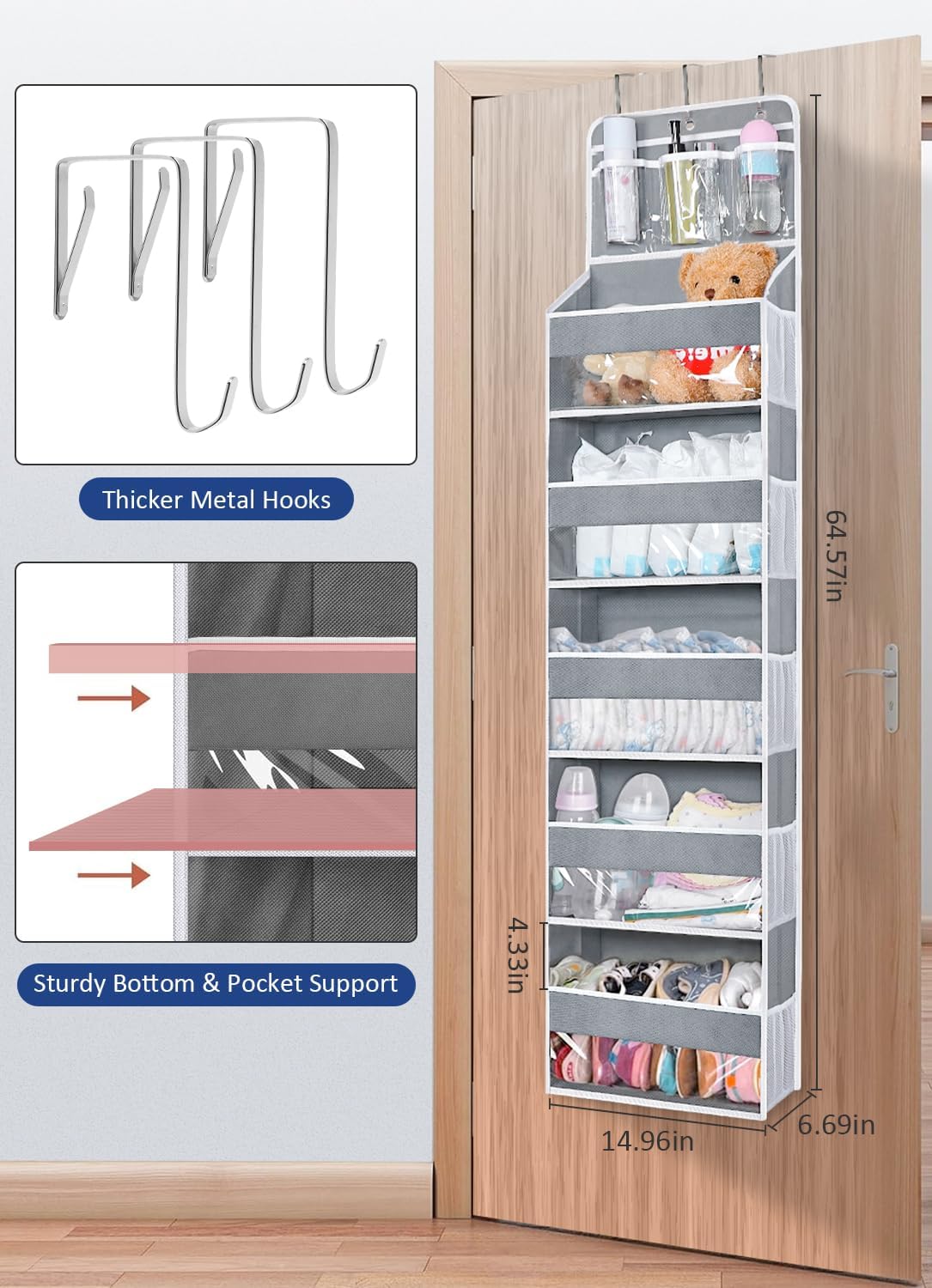 Over the Door Organizer with 5 Large Pockets, Heavy Duty Hanging Door Storage Rack with Clear PVC Front Pockets & Side Mesh Bags, Foldable Closet Organizer for Bedroom (DarkGray, 5 Floors)