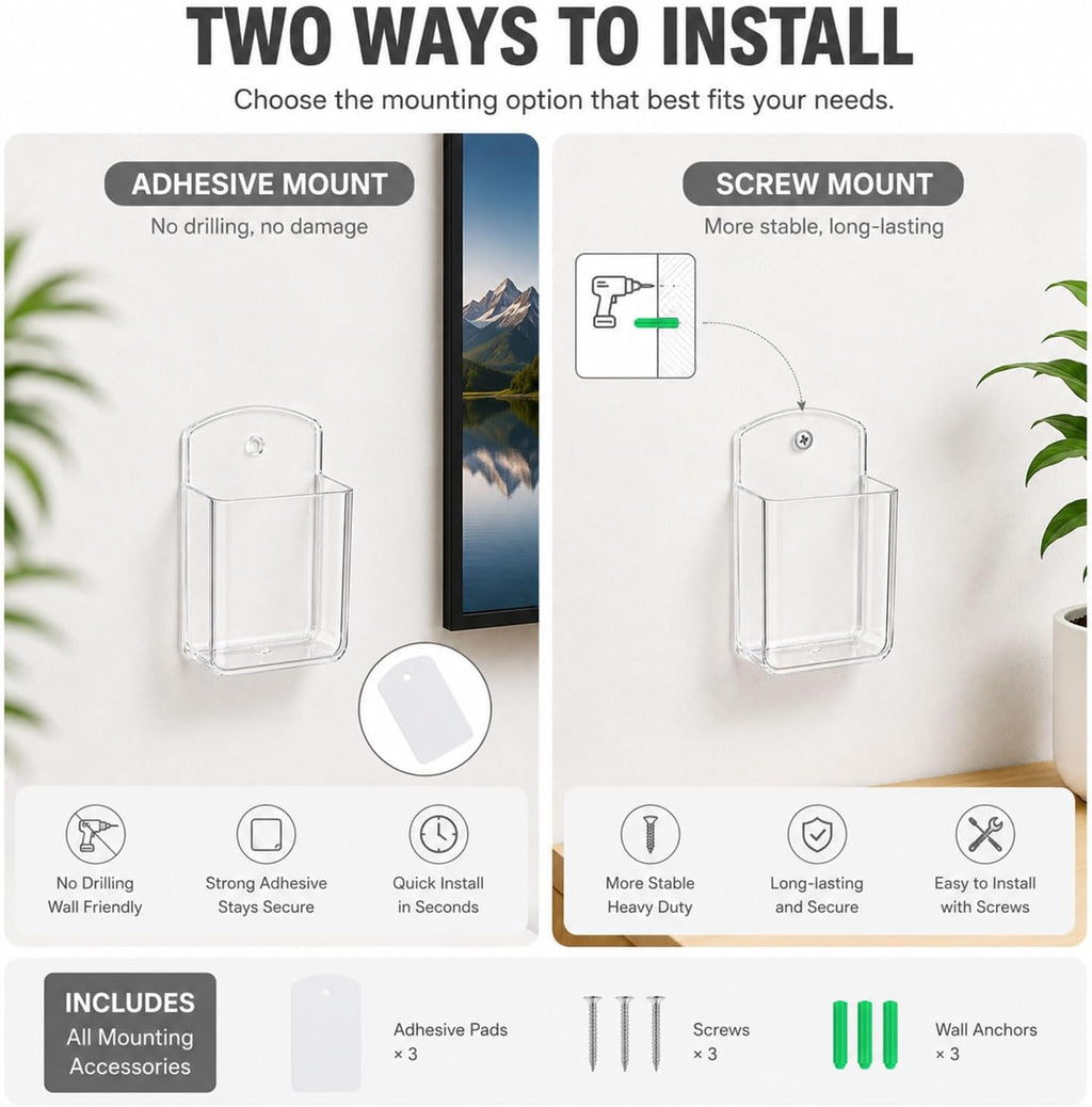 3 Pack Remote Control Holder Wall Mount, Adhesive Remote Holder with Screw Installation Storage Organizer for TV/Media/Air Conditioner Remotes For Home Office School Clear
