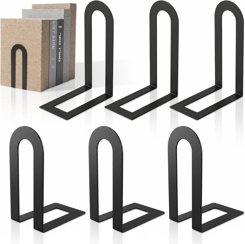 6 Pcs Modern Metal Bookends for Shelves, Metal Small Book Ends Book Shelf Organizer Minimalist Book Ends for Books/Movies/CDs, Decorative Bookends for Home Office, 5.5 x 3.75 x 2.25inch (Black)