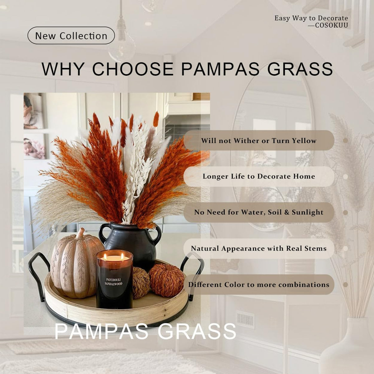 Pampas Grass Dried Flowers for Vase, Burnt Orange Pampas Grass Boho Home Decor, Wedding Decorations (Mixed Burnt Orange)