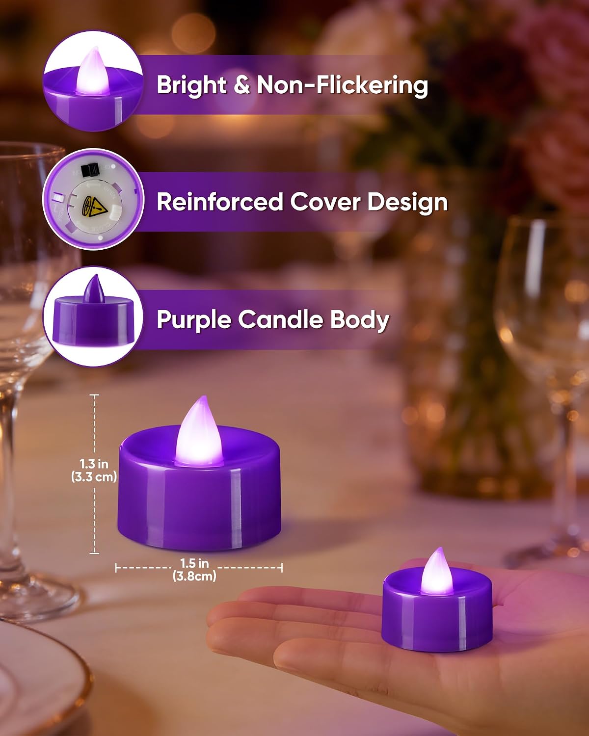 BEICHI Flameless Candles, 24Pack Tea Lights Battery Operated, Purple Base