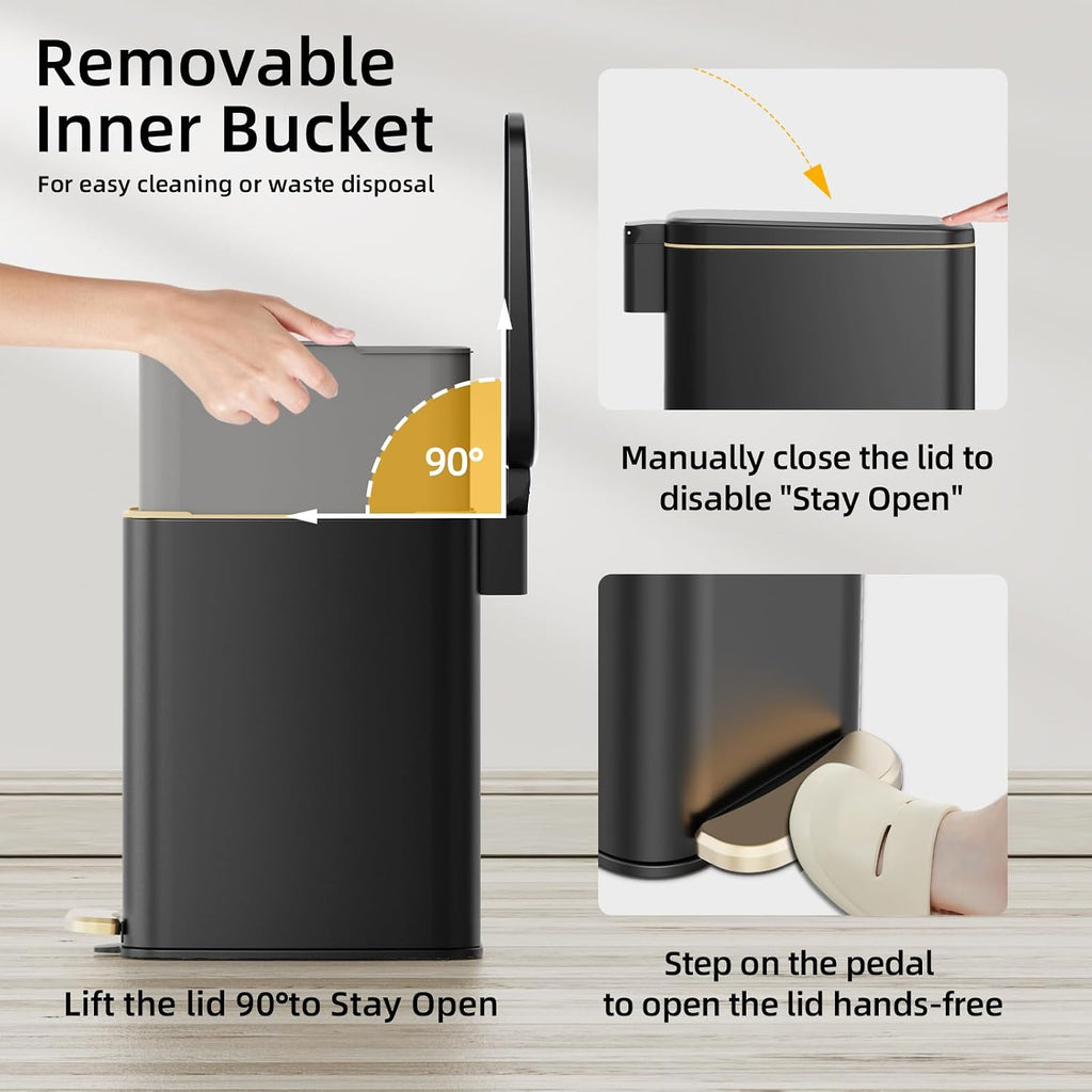 KUK Slim Bathroom Trash Can with Lid, 1.6 Gal / 6L Stainless Steel Small Garbage Bin with Detachable Inner Bucket, Step Pedal, Silent Close, Wastebasket for Toilet, Bedroom, Home, Office (Black)