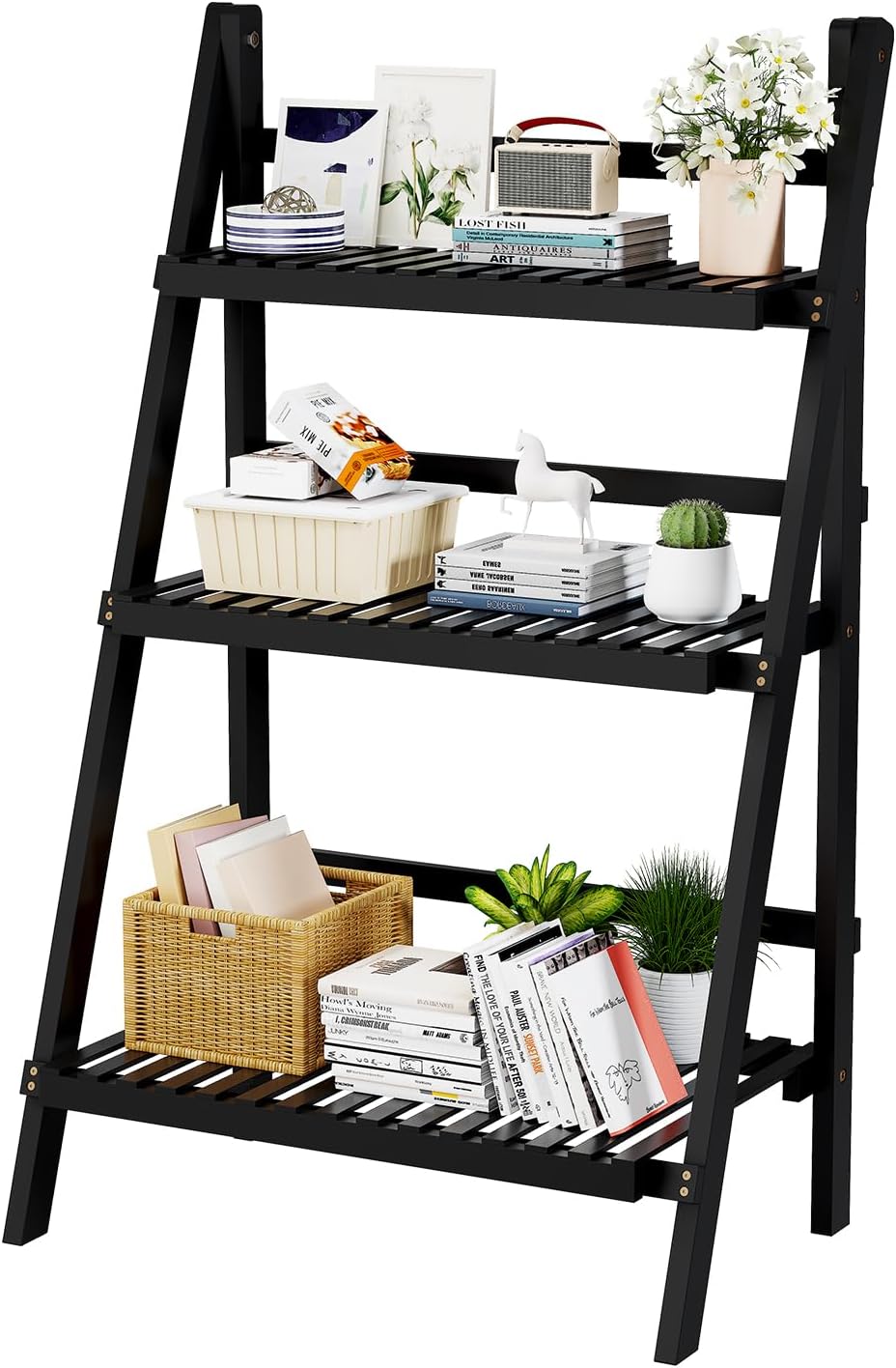 39.4" Foldable Ladder Shelf Plant Shelf, 3 Tier Bamboo Ladder Bookshelf