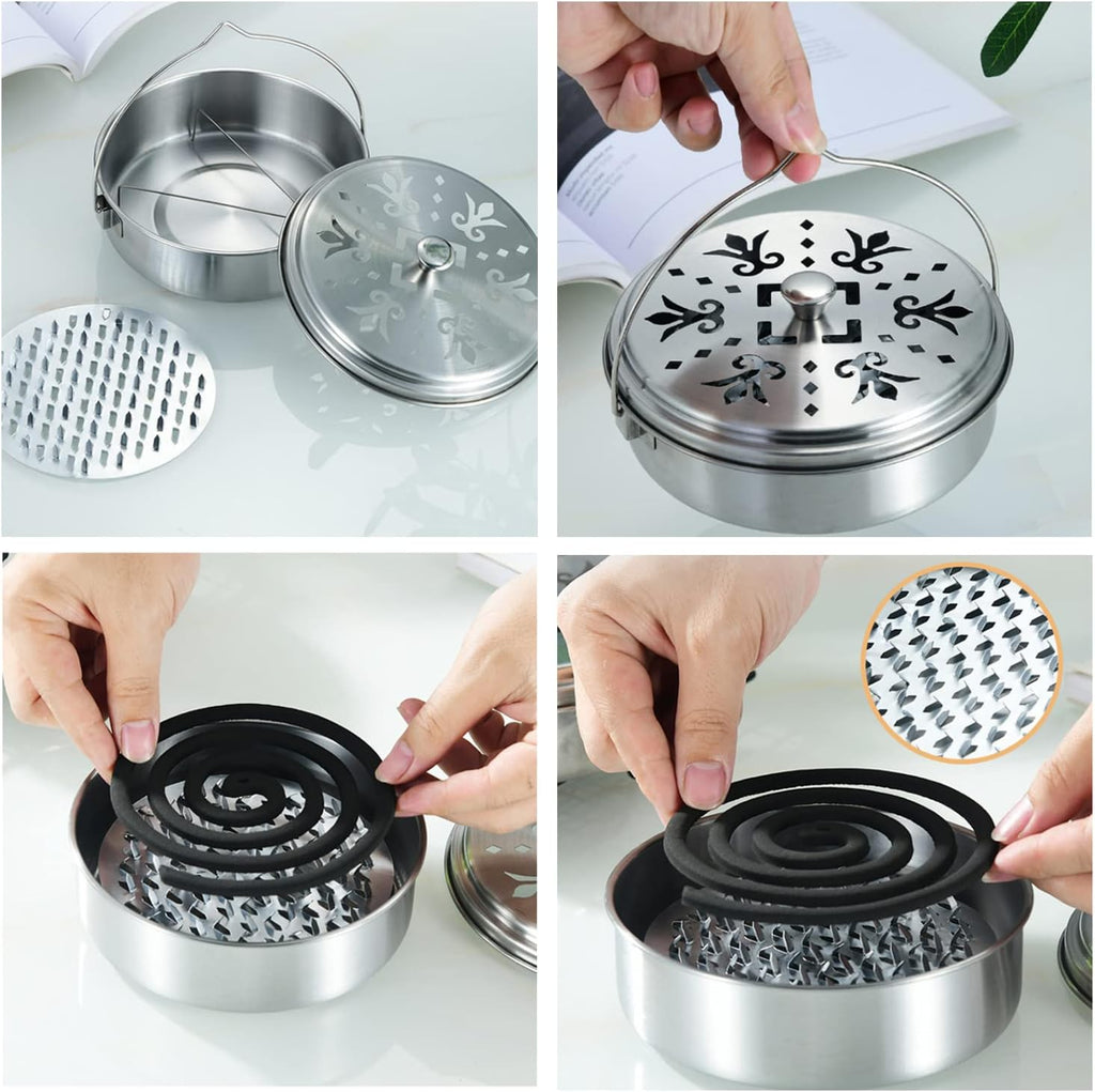 2 Portable Mosquito Coil Holder, Mosquito Incense Box Sandalwood Holder with Handle, Fireproof Incense Burner for Home Silver 2t
