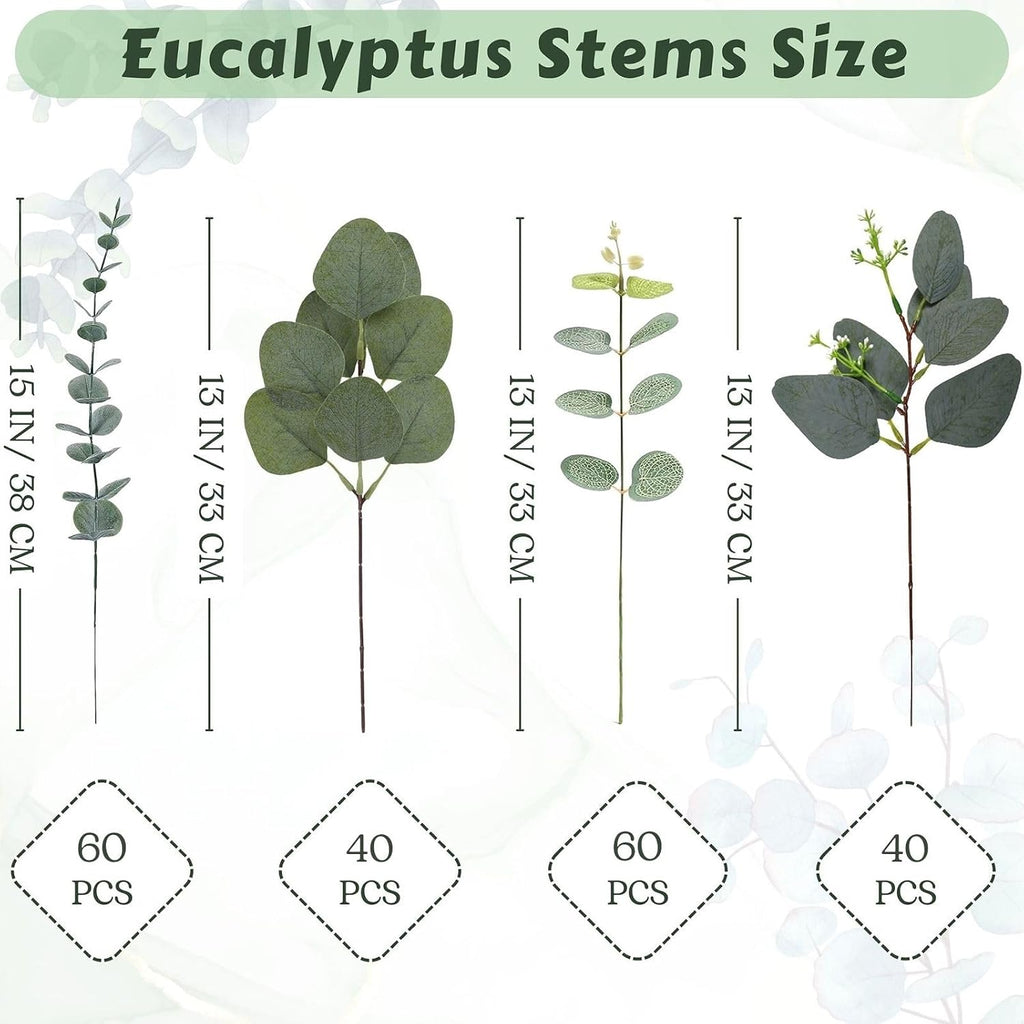 Eucalyptus Leaves Stems 200 PCS, 4 Kinds Mixed Artificial Greenery Stems for Wedding Decor Vase Floral Arrangement Centerpiece
