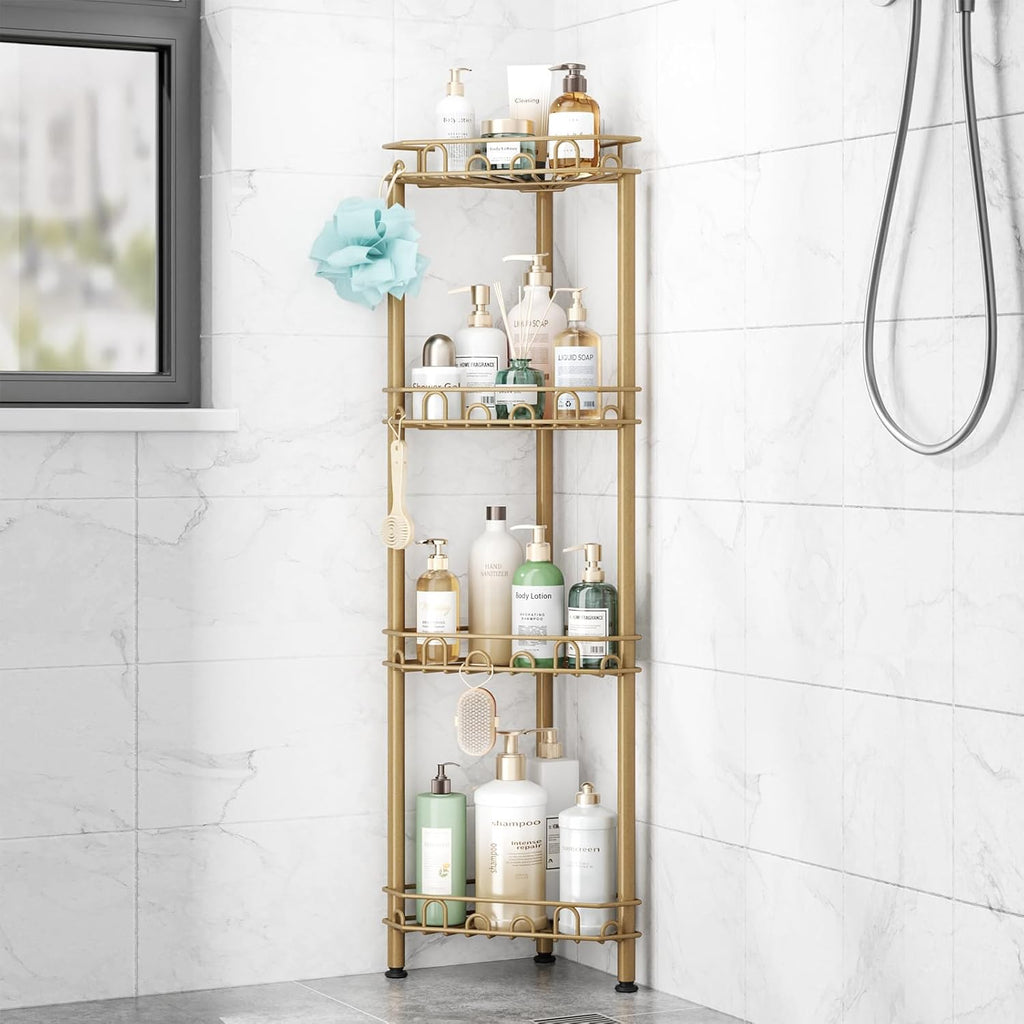 SWTYMIKI Standing Shower Caddy Corner - 4‑Tier Stainless Steel Shower Organizer Shelf with 12 Hooks and Adhesive Pads, Rustproof Corner Shelves Stand Rack for Bathroom Shower Room, Gold