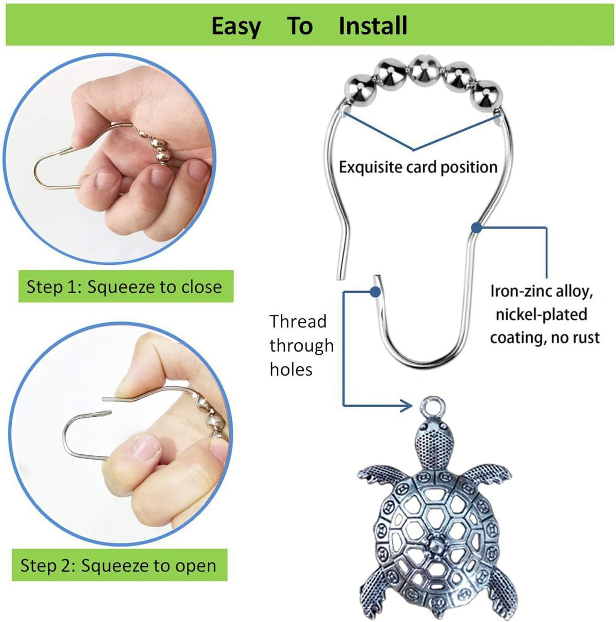 Sea Turtles Shower Curtain Rings Silver Shower Hooks for Shower Curtain