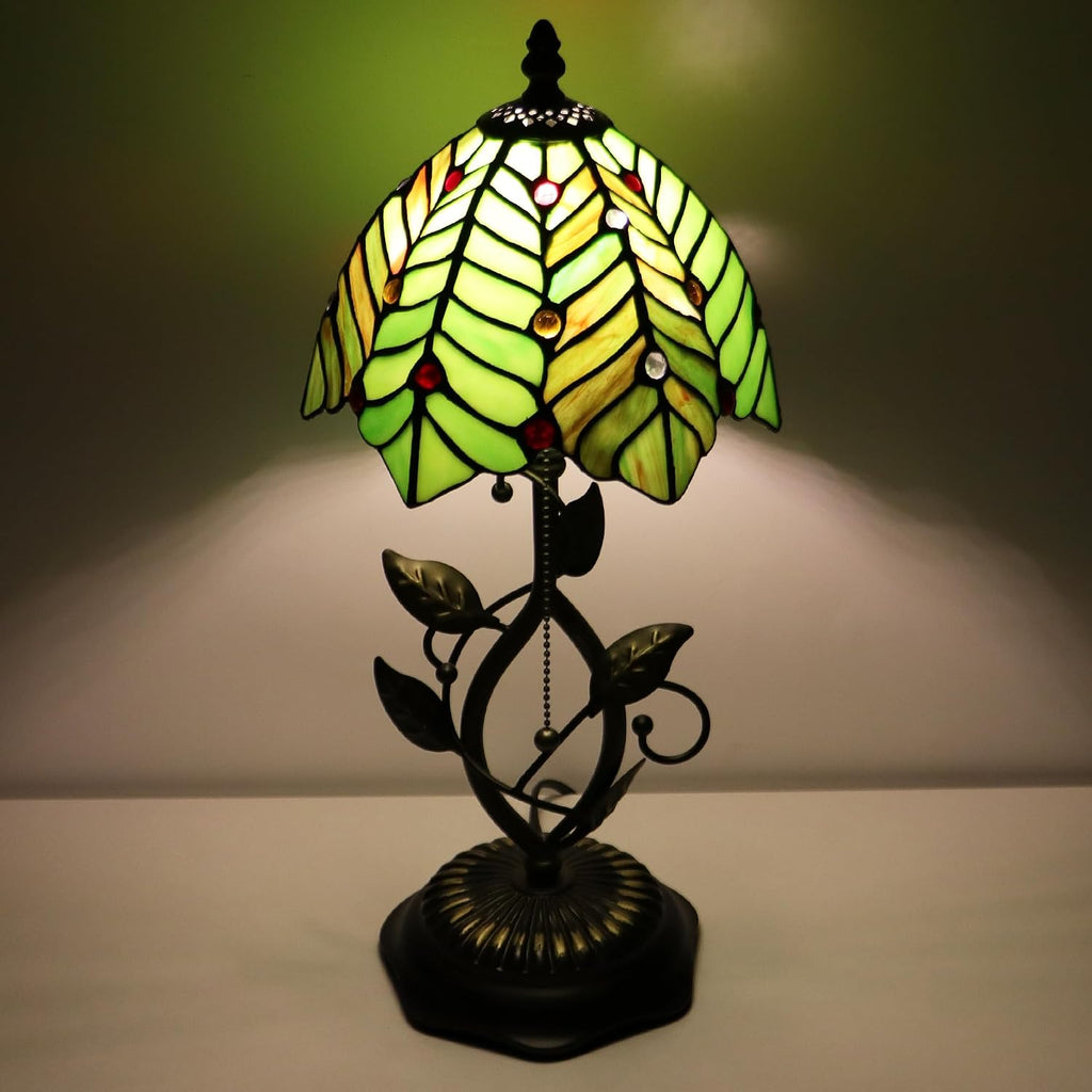 Tiffany Style Stained Glass Table Lamp Green Coconut Leaves 18 Inch