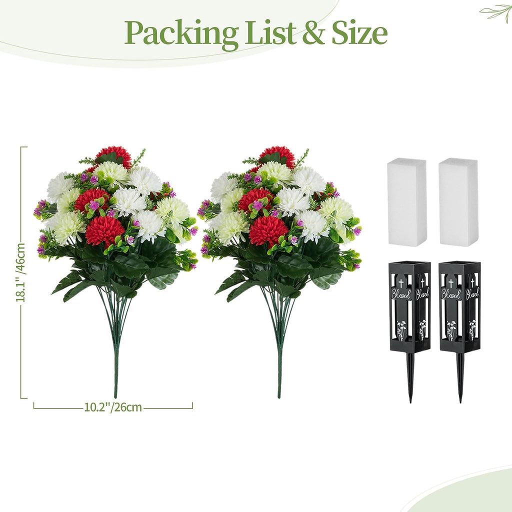 Artificial Cemetery Flowers for Grave: Fake Mums, 2 Pcs, 18 Heads
