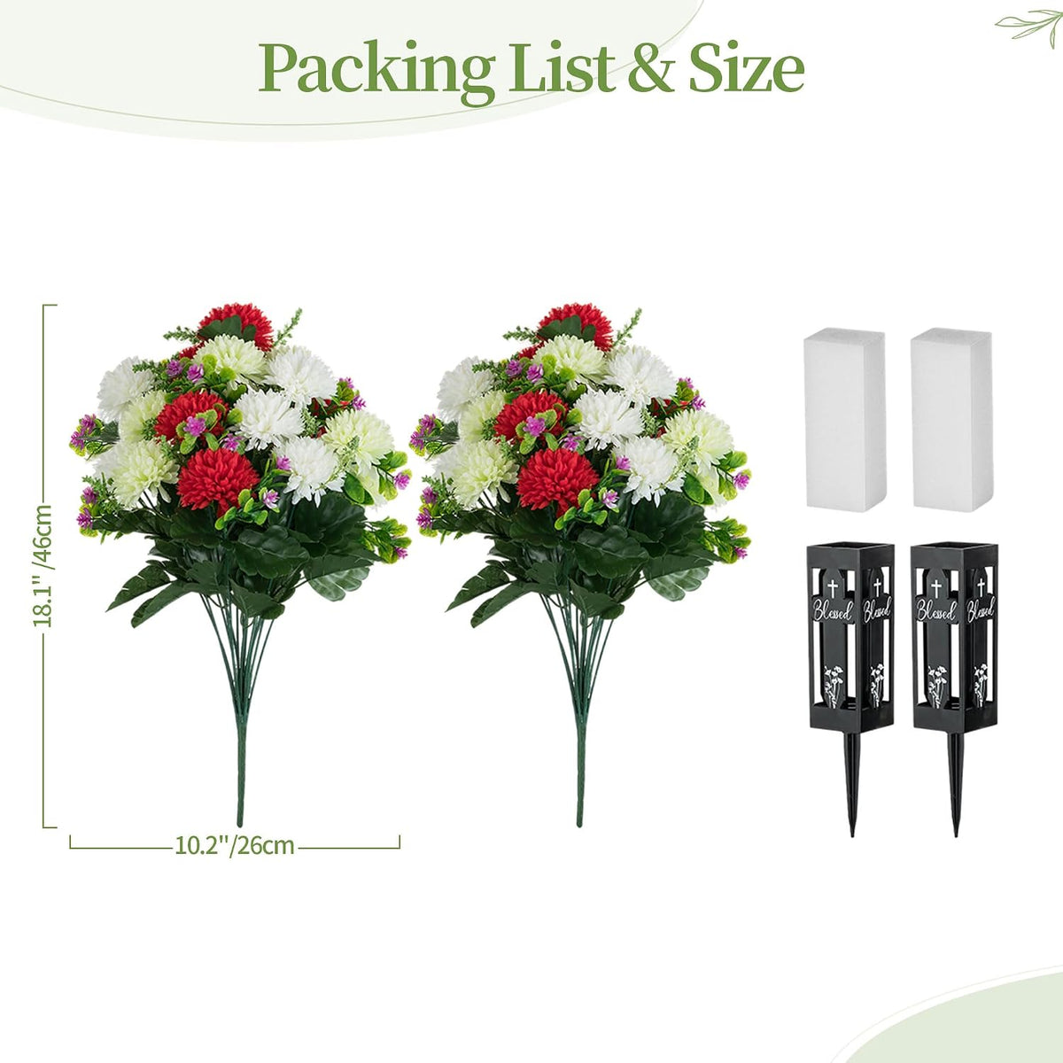 Artificial Cemetery Flowers for Grave: Fake Mums, 2 Pcs, 18 Heads