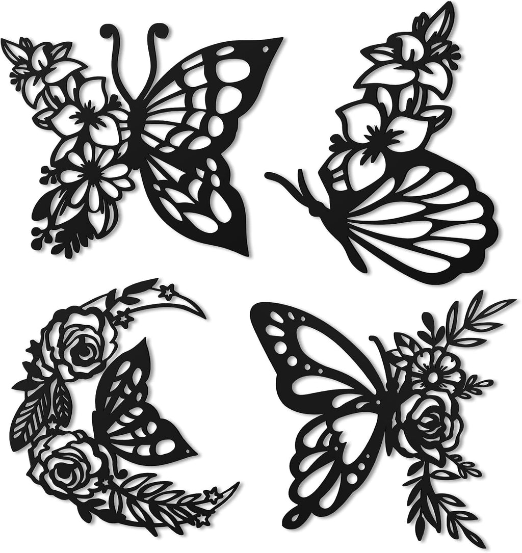 LOYIM 4 Pcs Butterfly Wall Decor Metal Butterfly Wall Art,Graceful,Black