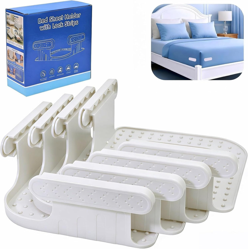 Bed Sheet Holders for Corners, Lock Sheet Holders, 4Pcs White Fitted Sheet Holders Keep Sheets Firm & Tight,Durable Heavy Duty Bed Sheet Clips, Sheet Locks, Fit All Mattress Easy Install