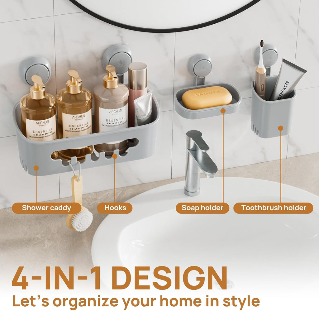 LEVERLOC Shower Caddy Suction Cup Set Shower Organizer & Soap Holder, Grey