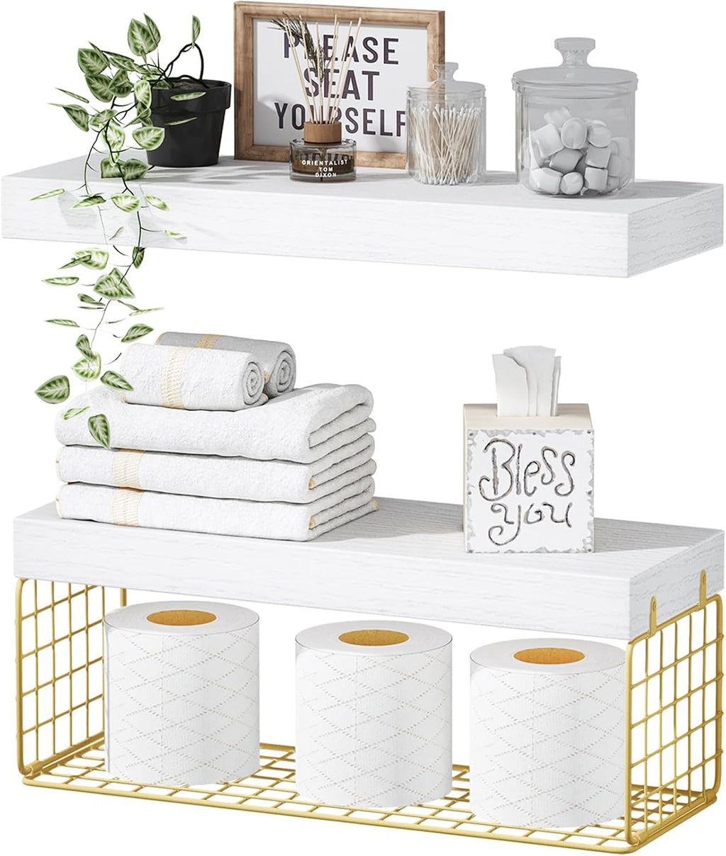 QEEIG Bathroom Shelves Over Toilet Wall (White and Gold, Set of 2, 15.7")