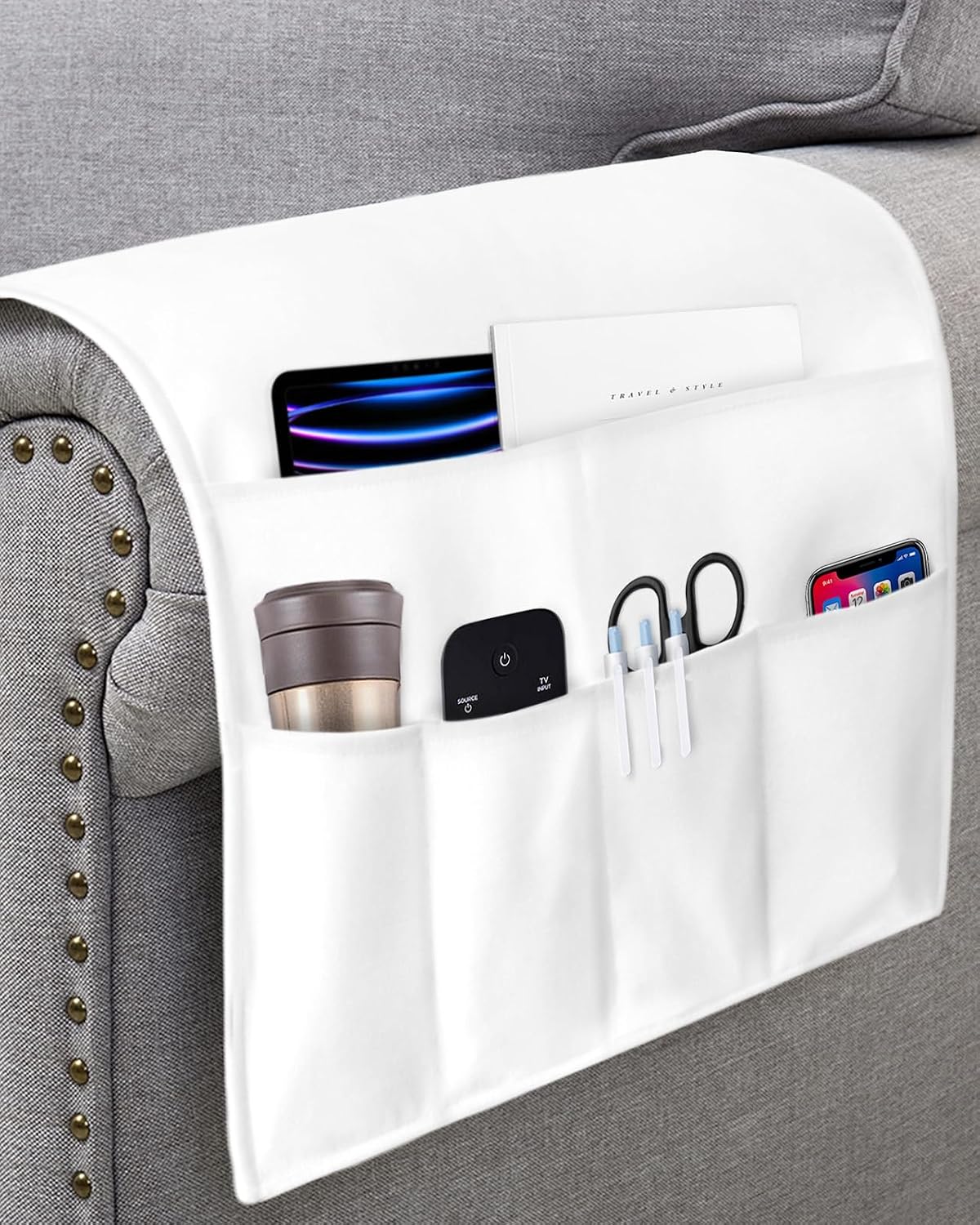 Sofa Armrest Organizer Bedside Caddy, White Non Slip Couch Remote Control Holder for Recliner, Pure White Arm Chair Caddy with Pocket for Magazine, Phone, 19.7''x35''