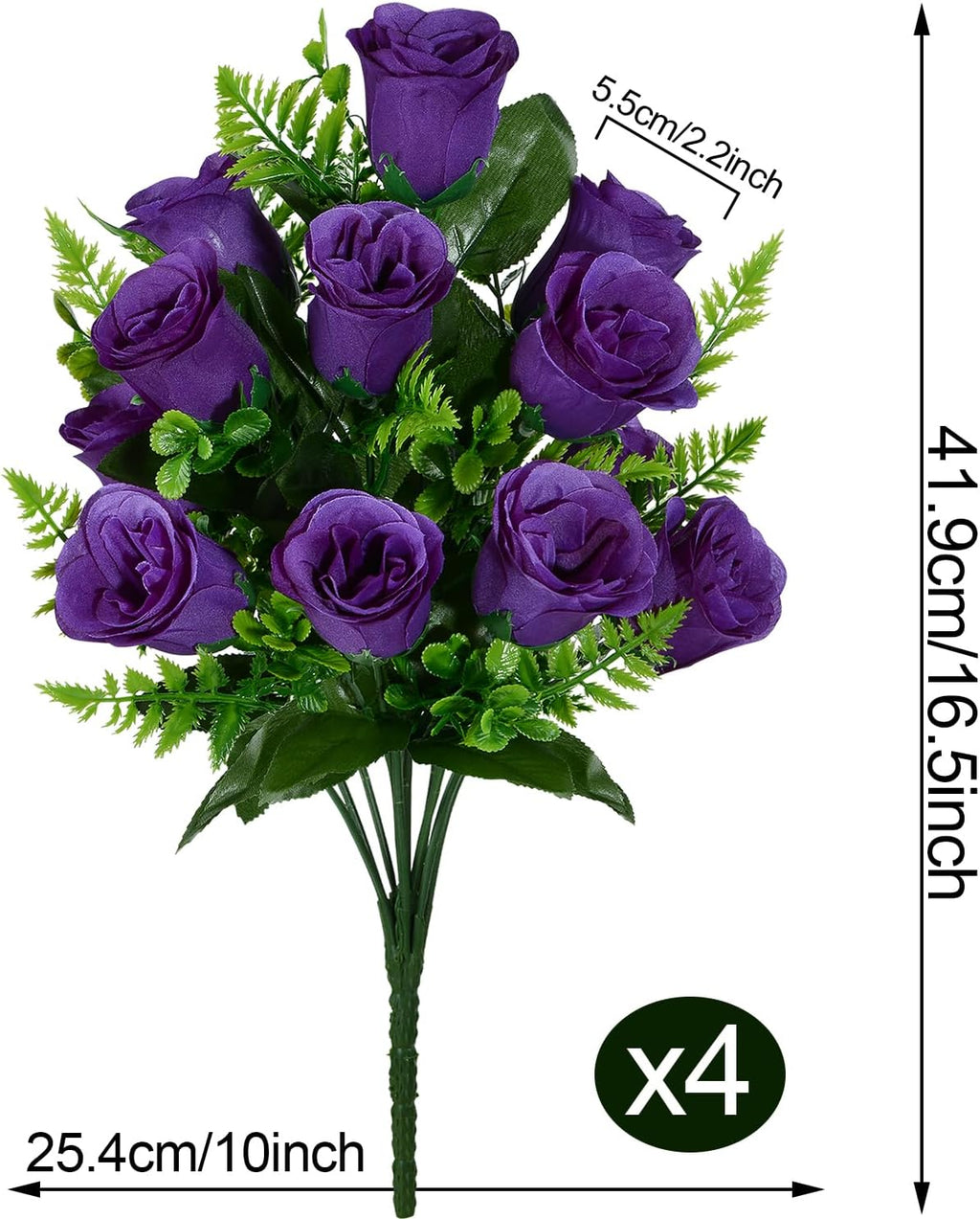 Artificial Rose Flowers Bouquet Realistic Silk Rose Fake Flowers for Wedding Home Centerpieces Party Cemetery Grave Decoration (4 Bouquets, Purple)