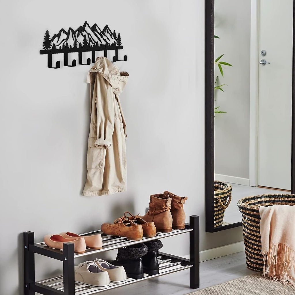 Qmetalart Mountain Metal Wall Coat Rack, Rustic Entryway Hooks