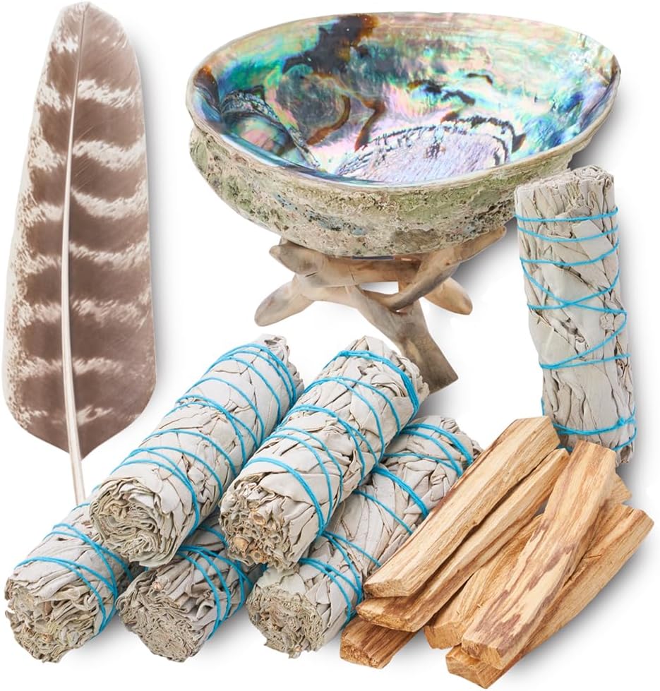 White Sage Smudge Kit with Palo Santo, Abalone Shell, Feather