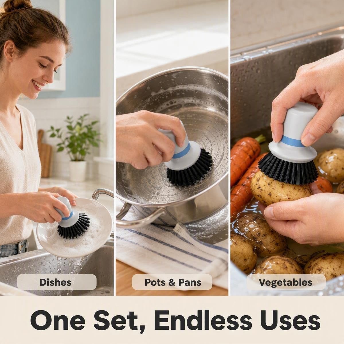 2-Pack Dish Scrub Brush with Holder Set, Non-Scratch Palm Scrub Brush for Kitchen, Nylon Bristle Pot Scrubber for Dishes, Pans & Sink with Ergonomic TPR Grip, Gray