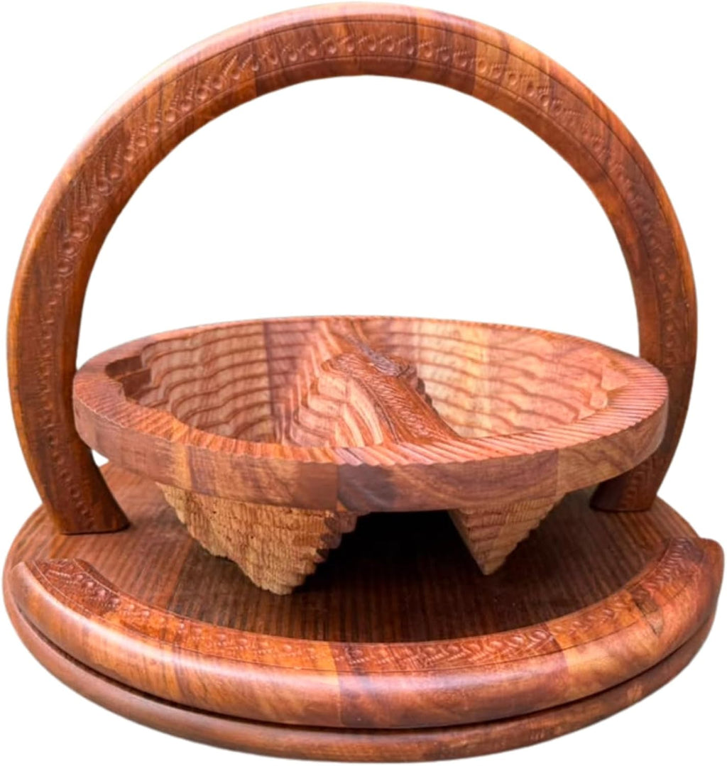 Best Holiday Gift Idea Wooden Collapsible Fruit Basket 2-Section Serving Bowl for Nuts, Snacks & Candy Essential Workers | Thanksgiving Gift | Diameter: 12" (2Celebration_Duo)