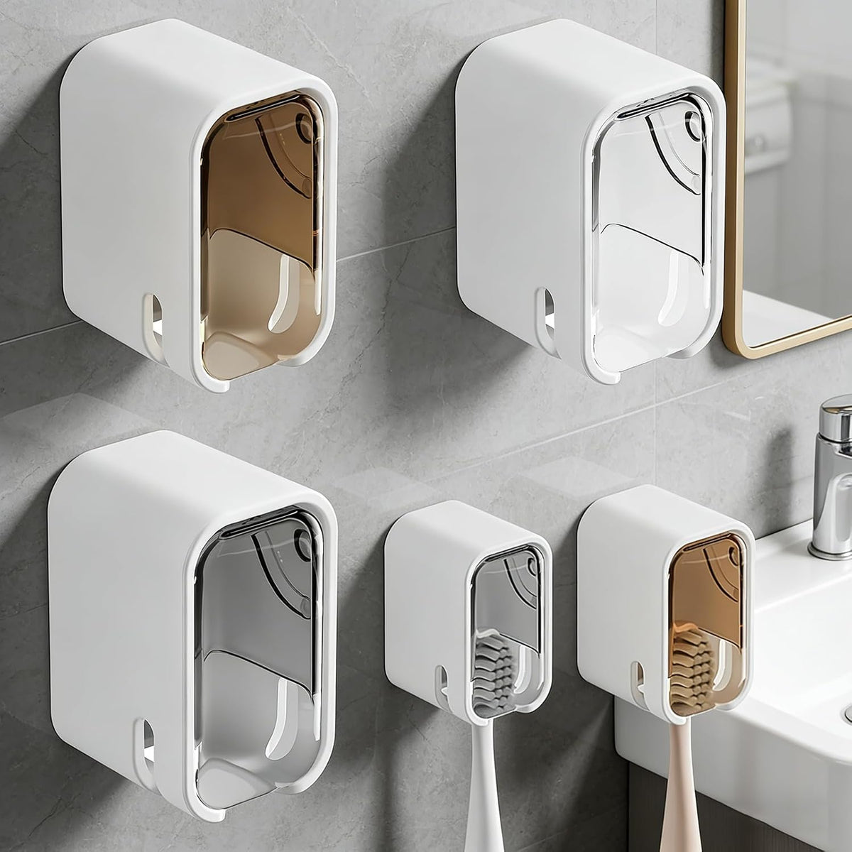 3pc Wall Mount Toothbrush Holder with Lid Self Adhesive No Drill